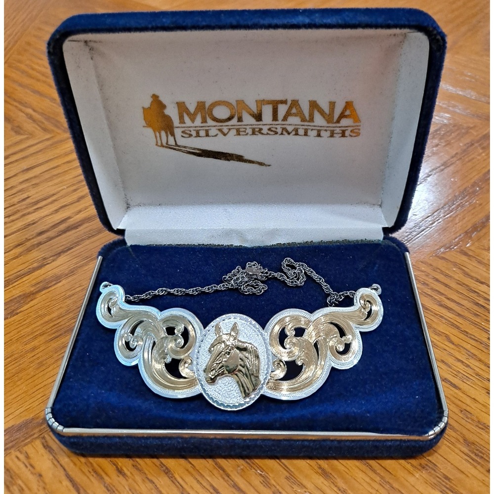 VTG Montana Silversmiths Silver Plate Engraved Pendant Horse  Necklace VTG